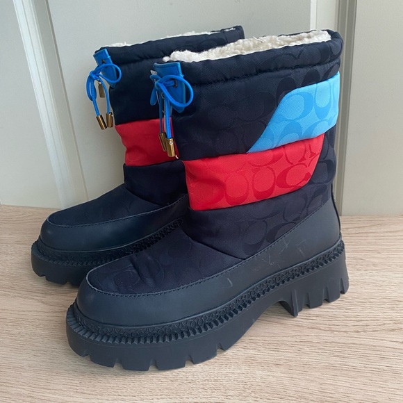COACH PUFFER SNOW BOOTS COMBAT BOOTS NAVY/ RED Women- SZ 7 - Picture 2 of 14